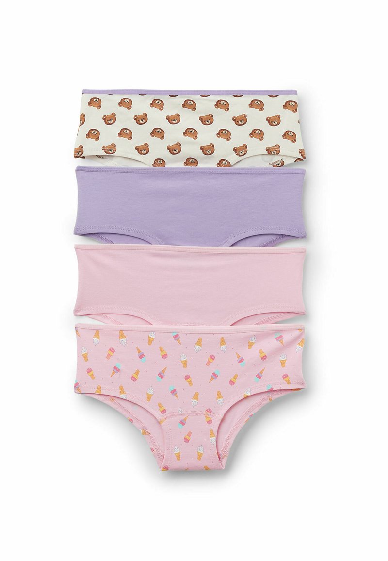 Vier Paar Baumwollunterhosen: cremefarben mit Bärenmuster, lavendel, rosa und rosa mit Eistüten-Muster. Glatte Textur, dehnbarer Sitz.