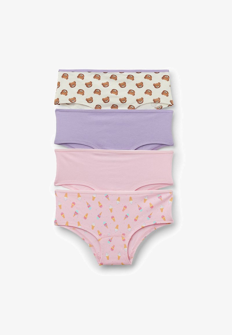 Vier Paar Baumwollunterhosen: cremefarben mit Bärenmuster, lavendel, rosa und rosa mit Eistüten-Muster. Glatte Textur, dehnbarer Sitz.