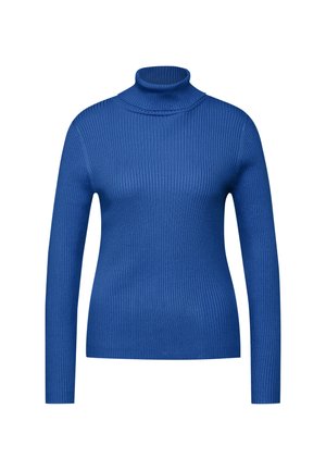 Blauwe geribde coltrui met lange mouwen. Gemaakt van een gestructureerde gebreide stof, met een aangesloten ontwerp en een hoge hals.