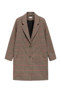 Karirana bunda z rjavim in rdečim vzorcem, ovratnik s reverji, dve sprednji žepi in zapiranje na en gumb. Narejena iz teksturirane tkanine.