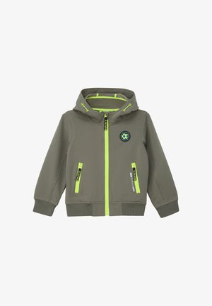 Veste à capuche pour enfants en vert olive avec une fermeture éclair jaune néon, des accents de poche, et un patch rond avec un motif de ballon de football.