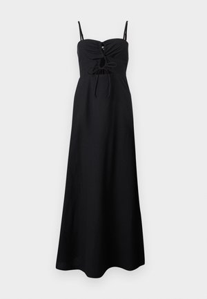Schwarzes ärmelloses Maxikleid mit dünnen Trägern, geraffter Brustpartie und vorderem Bindemotiv im Mittelbereich.