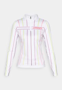 White long-sleeve athletic top with a half-zip, featuring vertical multi-colored stripes in pink, purple, and neon yellow.