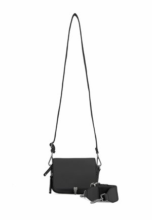 Black crossbody bag made of smooth synthetic material. Features a magnetic flap closure, silver hardware, and a detachable strap with adjustability.