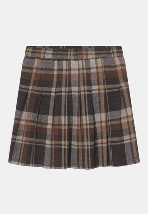 Jupe plissée à carreaux marron, gris et beige avec une ceinture élastique, présentée à plat sur fond blanc.