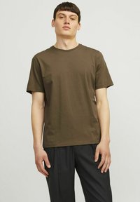 Brown cotton t-shirt with a crew neck, short sleeves, and a relaxed fit, worn with dark pants. Smooth texture, simple design.