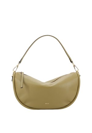 Olive green leather shoulder bag with a curved shape, zip closure, and a short strap. Features gold hardware and a subtle logo.