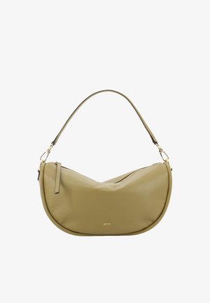 Olivgrüne Leder-Umhängetasche mit geschwungener Form, Reißverschluss und kurzem Riemen. Verfügt über goldfarbene Beschläge und ein dezentes Logo.