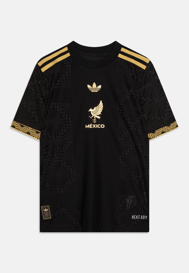 Čierny dres s krátkym rukávom s zlatými akcentmi, emblémom orla, logom Adidas, okrúhlym výstrihom a vzorovanou textúrou po stranách.