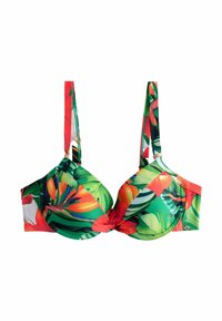 Wielokolorowy biustonosz bikini z tropikalnym wzorem kwiatowym, z zielonymi liśćmi i pomarańczowymi kwiatami, wsparciem w postaci fiszbin oraz regulowanymi ramiączkami.