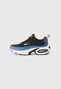 Black athletic sneaker featuring a gradient blue to purple design, textured fabric upper, prominent Air unit, and white sole accents.
