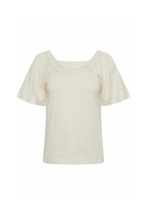 Kremfarvet bluse med korte ærmer og puffede ærmer samt firkantet halsudskæring med fin blonderkant.