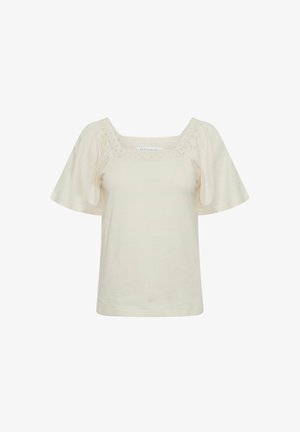 Blouse à manches courtes couleur crème avec manches bouffantes et encolure carrée ornée d'une délicate bordure en dentelle.