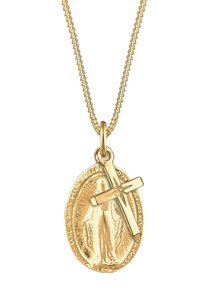 Guldfärgat halsband med en oval medaljong med ingraverade religiösa motiv och ett litet kors fäst vid en vriden kedja.