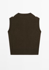 Dark brown sleeveless knit sweater vest with a round neckline laid flat, showing the back side against a white background.