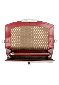 Borsa a mano in pelle rossa con una forma strutturata. L'interno presenta un motivo a pois beige e molteplici scomparti, inclusa una sezione con zip.
