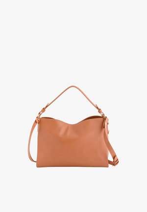 Torba na ramię z brązowej skóry z pojedynczym uchwytem i regulowanym paskiem na ramię, minimalistyczny design z miękką fakturą i zaokrąglonym górnym brzegiem.