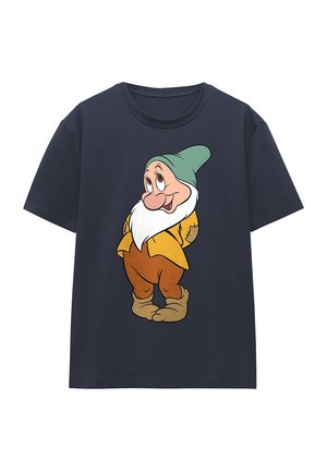 Navyblaue Baumwoll-T-Shirt mit einem Cartoon-Zwerg, der einen grünen Hut, ein gelbes Shirt und braune Hosen trägt, zentral auf der Vorderseite gedruckt.