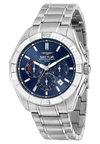 Sølv rustfrit stål chronograph ur med en marineblå urskive, tre sub-dials og et datovindue; har selvlysende sølv time markører.