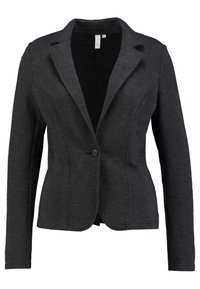 Blazer gris oscuro hecho de una tela suave y texturizada. Presenta un cuello con muesca, cierre con un solo botón y un corte entallado.