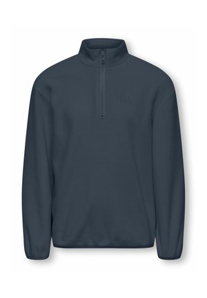 Pull polaire bleu foncé avec une courte fermeture éclair au niveau du cou et des manches longues, avec un petit logo embossé "only" sur la poitrine.