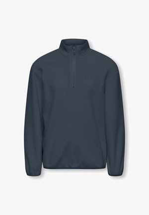 Mørkeblå fleece-pullover med kort lynlås ved halsen og lange ærmer, med en lille præget "only"-logo på brystet.