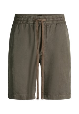 Olivgrüne Freizeithose mit elastischem Bund und langen Kordelzügen, hergestellt aus leichtem Stoff.