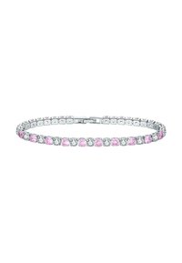 Bracciale d'argento con pietre a taglio cuscino alternando rosa e trasparente, dotato di un design a catena flessibile e chiusura sicura.