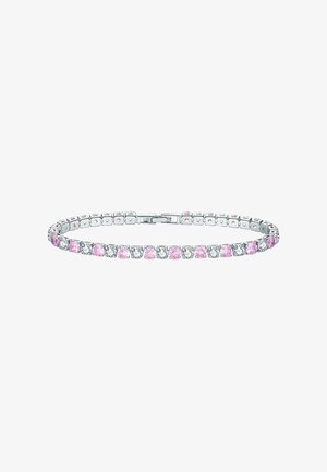 Bracciale d'argento con pietre a taglio cuscino alternando rosa e trasparente, dotato di un design a catena flessibile e chiusura sicura.
