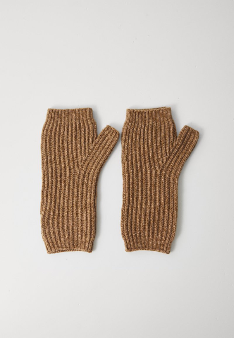 Ribbed fingerless gloves in a warm brown color, made of soft, textured material, featuring a snug fit and open fingertips for dexterity.