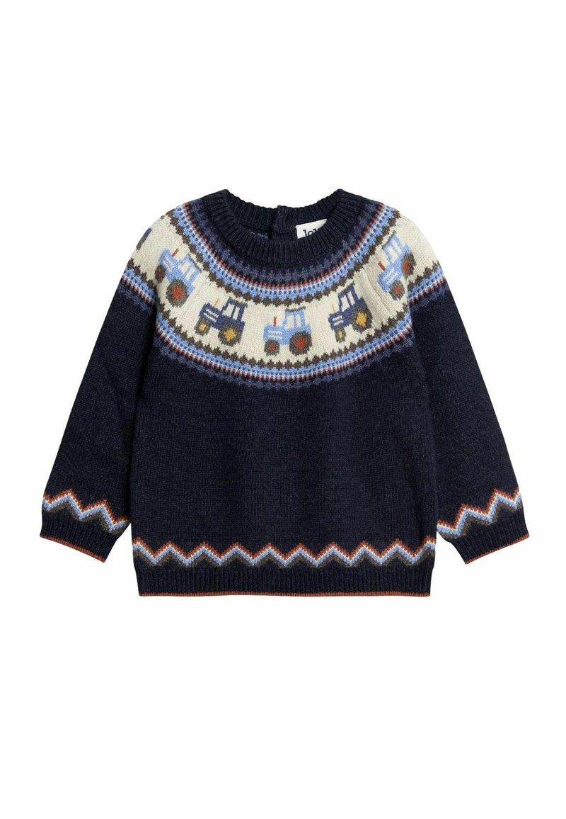 Maglione per bambini blu navy con motivo di trattori azzurri e bianchi attorno al petto e rifiniture a zigzag sulle maniche e sull'orlo.
