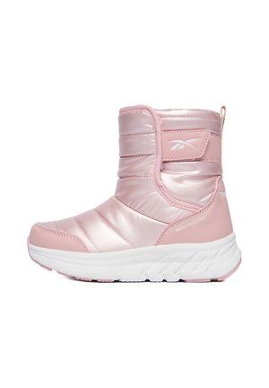 Pink padded ankle-high winter boot with white sole, hook-and-loop strap, and "water resistant" text on side.
