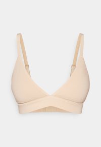 Bralette senza cuciture in nude con forma triangolare, design incrociato frontale, spalline regolabili e un tessuto morbido e elastico.