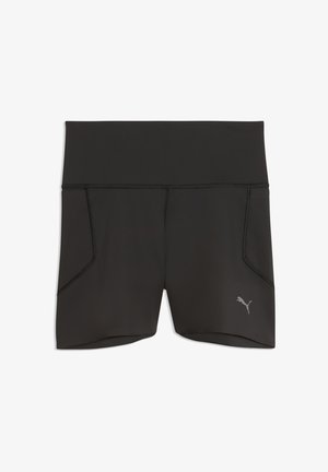 Sorte atletikshorts med høj talje, sidelommer og et lille Puma-logo på det nederste højre ben.