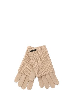 Gants en maille beige avec poignets côtelés et une petite étiquette noire sur un poignet, posés à plat sur un fond blanc.
