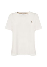 Maglietta bianca in cotone con scollo rotondo e maniche corte. Presenta un piccolo logo ricamato in oro sull'area sinistra del petto.