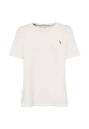 Maglietta bianca in cotone con scollo rotondo e maniche corte. Presenta un piccolo logo ricamato in oro sull'area sinistra del petto.