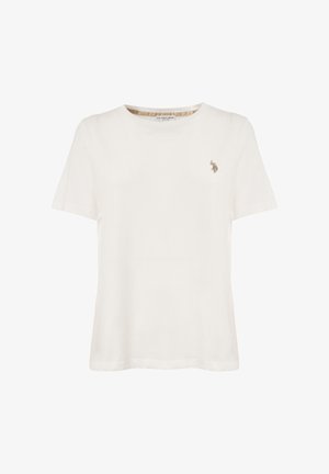 Maglietta bianca in cotone con scollo rotondo e maniche corte. Presenta un piccolo logo ricamato in oro sull'area sinistra del petto.