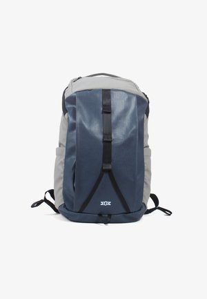 Backpack made of durable gray and dark blue fabric, featuring a sleek design, adjustable straps, and a front buckle for secure closure.