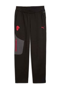 Schwarze Sporthose mit einem elastischen Bund, Seitentaschen, grauem Einsatz am Oberschenkel und einem roten Logo. Glatte Textur und taillierte Form.