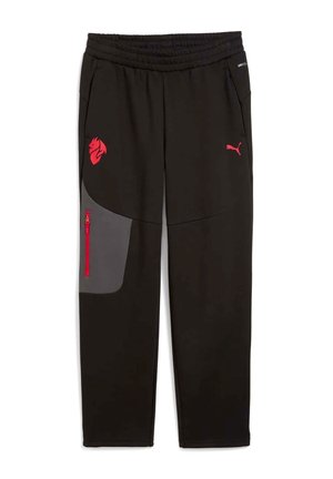 Zwarte sportieve broek met een rekbare tailleband, zijzakken, grijze panelen op de dij, en een rood logo. Soepele textuur en taps toelopend ontwerp.