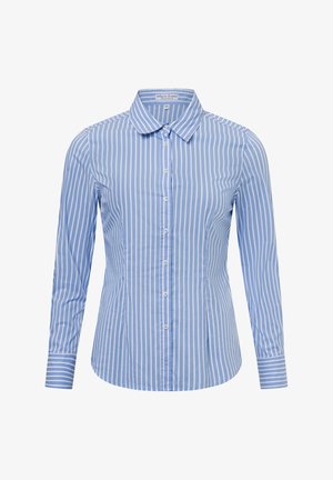 Light blue button-up shirt with white vertical stripes, long sleeves, a collar, and a fitted design. Fabric appears smooth, with subtle sheen.