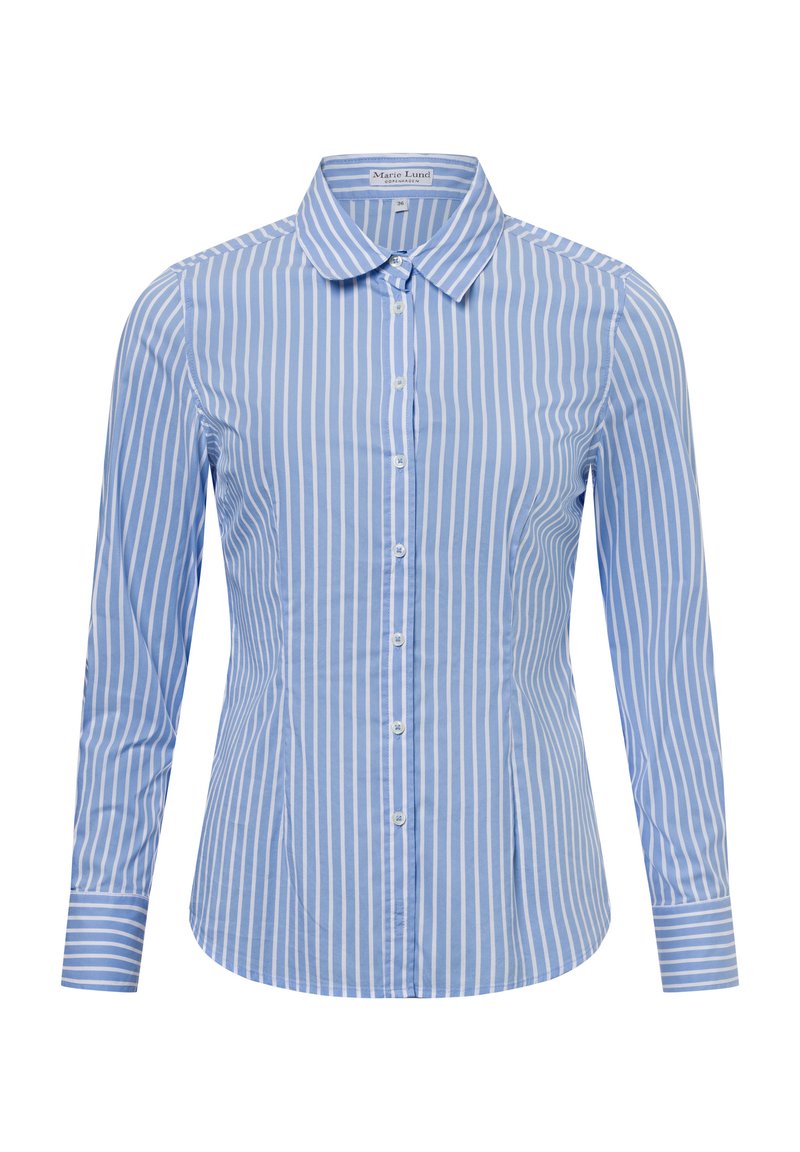 Light blue button-up shirt with white vertical stripes, long sleeves, a collar, and a fitted design. Fabric appears smooth, with subtle sheen.