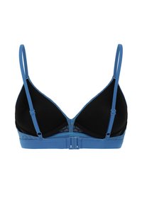 Zwarte en blauwe beha met een driehoekige vorm, textuurrijke kanten accenten, verstelbare bandjes en een haaksluiting aan de achterkant.