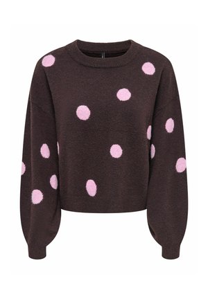 Mørkebrun langærmet sweater med rund hals, pyntet med store lyserøde prikker spredt ud over stoffet.