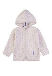 Giubbotto beige con cappuccio, texture a coste, chiusura con zip, due tasche anteriori e un emblema di giraffa blu sulla tasca destra.