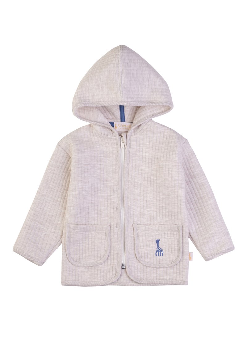 Giubbotto beige con cappuccio, texture a coste, chiusura con zip, due tasche anteriori e un emblema di giraffa blu sulla tasca destra.