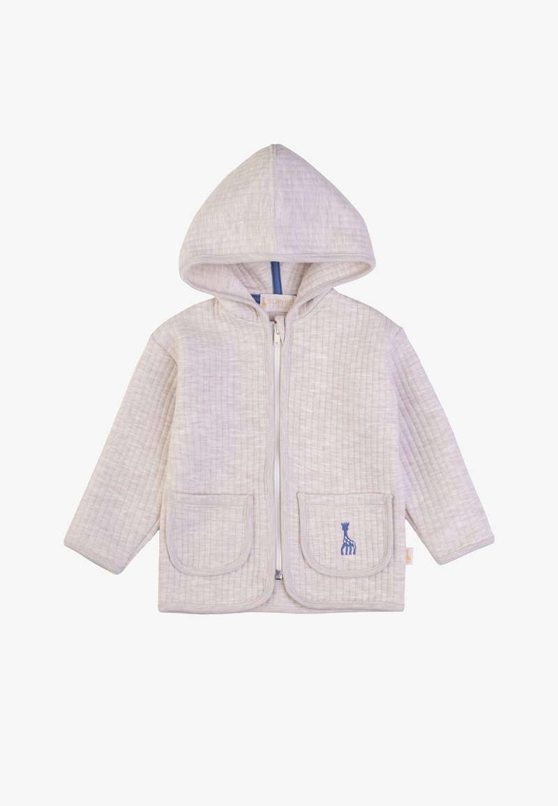 Giubbotto beige con cappuccio, texture a coste, chiusura con zip, due tasche anteriori e un emblema di giraffa blu sulla tasca destra.