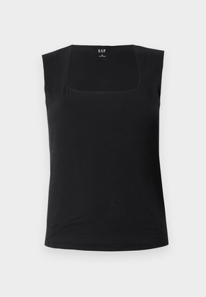 Must Blacki ilma varrukate ja ruudukujulise dekolteega. Valmistatud pehmest kangast, sellel on läikiv siluett ja sujuv tekstuur, sobib kihitamiseks.