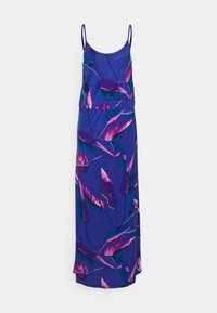 Robe longue bleue sans manches avec fines bretelles et motif de feuilles tropicales roses et bleu foncé.